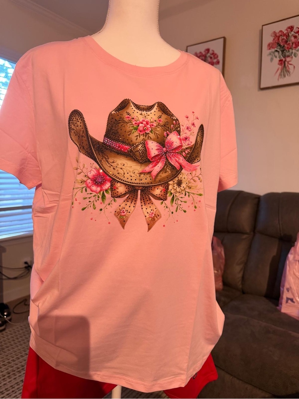 Girls' Pink Short-Sleeve Tee with Floral Cowboy Hat Graphic